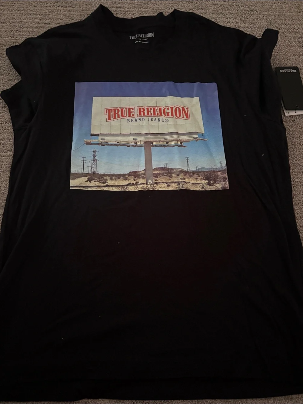 True Religion Black Tee with Blue Sky and Beige Billboard Graphic